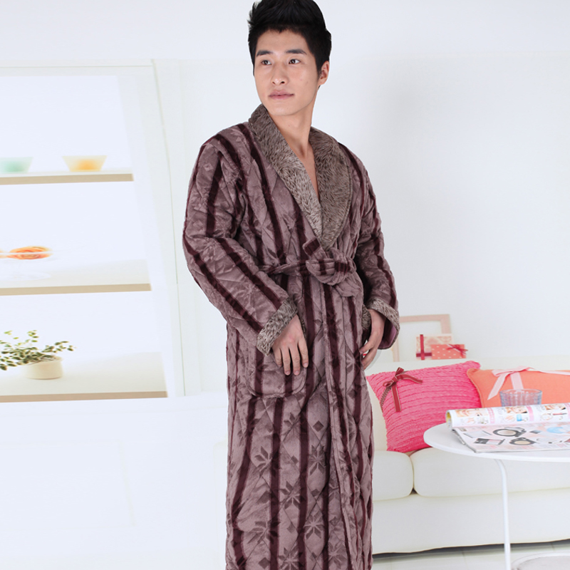 Free Shipping 5984 winter male cotton-padded robe thickening coral fleece stripe robe lounge sleepwear