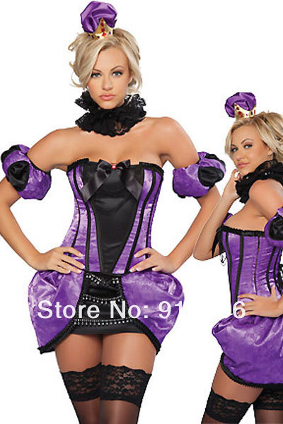 Free shipping 5PC Sexy Royal Purple Corset Costume Corset tops+dress+lace hat+cuff and neck ring5 Sizes S M L XL XXL 1066035072