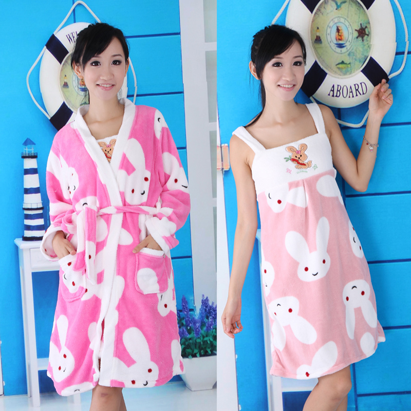 Free shipping 5pcs/lot 5889 flannel rabbit pattern sexy nightgown robe twinset