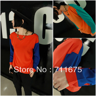 Free shipping 5pcs/lot 9082 2012 fashion perfect color block chiffon shirt