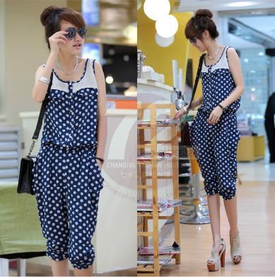 Free shipping 5pcs/lot A5207 2012 summer polka dot sleeveless thin chiffon patchwork pleated slim jumpsuit casual pants