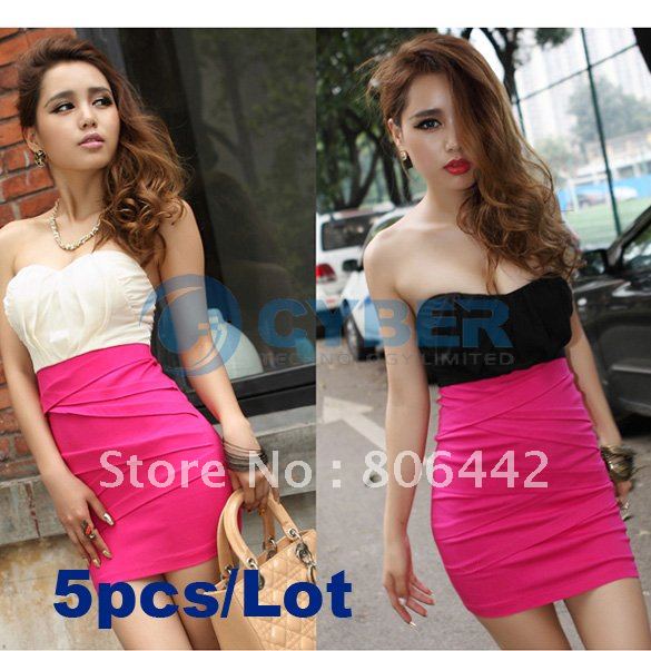 Free Shipping 5pcs/Lot New Fashion Sexy Woman Clubwear Strapless Silky Mix Colors Mini Dress