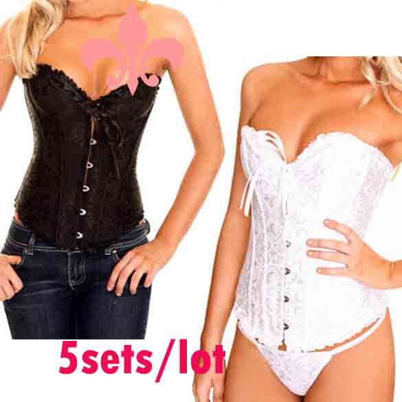 Free Shipping 5Pcs/Lot Sexy Lace up Steel Corset Lingerie Bustier body lift shaper underwear Sleepwear Black white3106