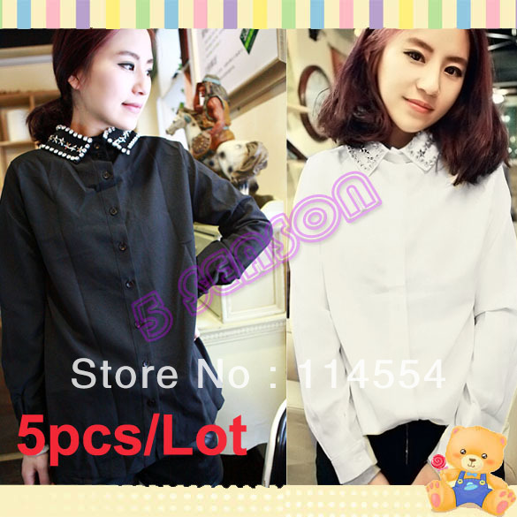 Free Shipping 5pcs/Lot Women's Long Sleeve Bright Rhinestone Turndown Collar Chiffon Shirt Bottoming Shirt 11028