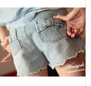 free shipping 639 all-match trousers embroidery back bow light color water wash denim shorts dropshipping