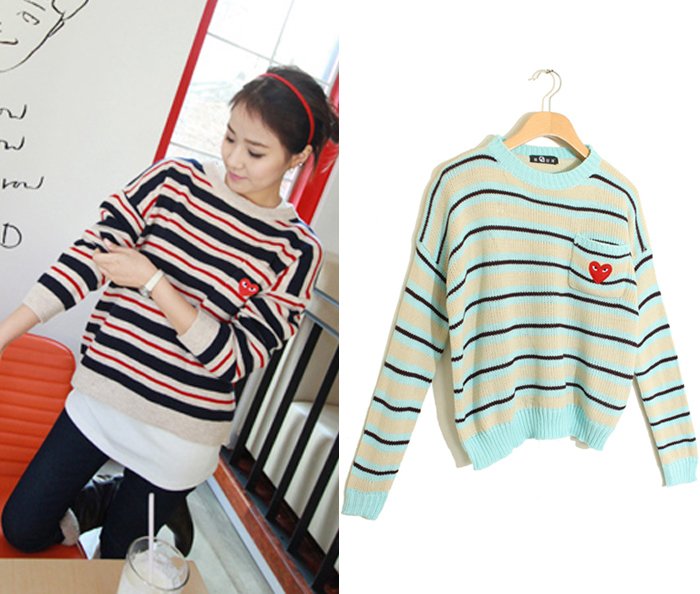 Free Shipping 6409  o-neck pullover stripe sweater chest love pocket sweater shirt MY