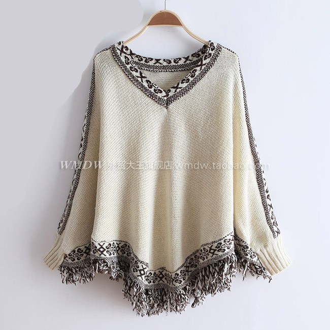 free shipping 69 fashion vintage print V-neck paragraph tassel cloak sweater wx1052