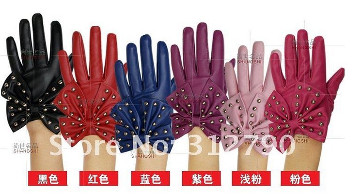 Free shipping 6pairs/lot New wholesale women fashion faux leather gloves with rivet bowknot PU gloves gift