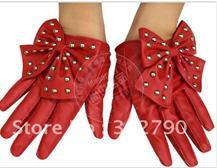 Free shipping 6pairs/lot New wholesale women fashion faux leather gloves with rivet bowknot PU gloves gift