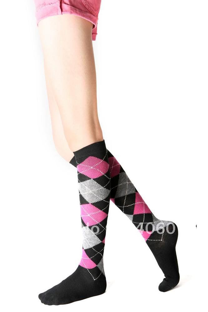 Free Shipping 6pairs/lot Women's Ladies fashion new checked black cotton knee high socks