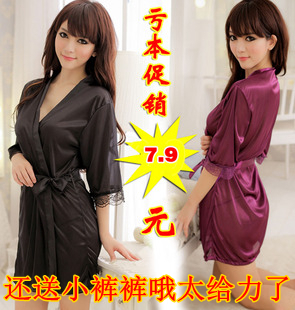 FREE SHIPPING 7.9 women's summer plus size sexy sleepwear faux silk translucent lace nightgown bathrobes