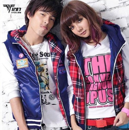 Free shipping 7710 oil lucence cloth plaid slim short design with a hood reversible lovers cotton vest 3