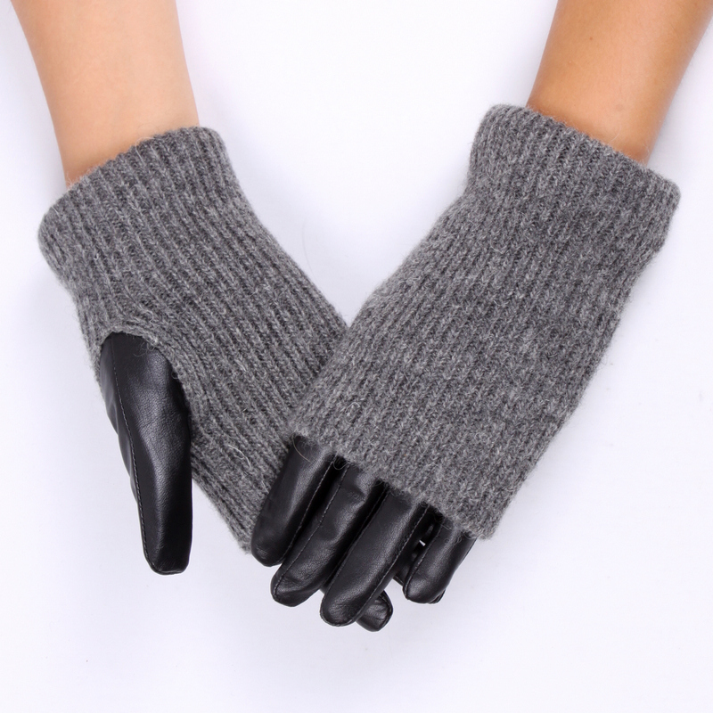 Free shipping 800 2 winter knitted wool patchwork sheepskin gloves women's thin genuine leather gloves