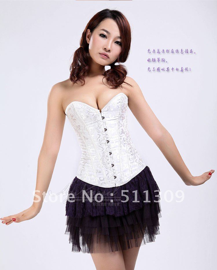 Free shipping 808white - Intimates , Shapers , Bustiers , White Satin Embroidered Corset - Overbust Corsets