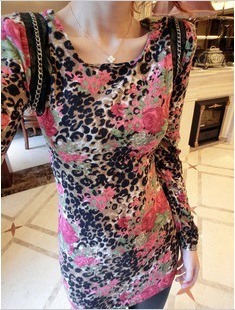 Free shipping 8133 2013 fashion faux leather chain leopard print rose print medium-long basic shirt