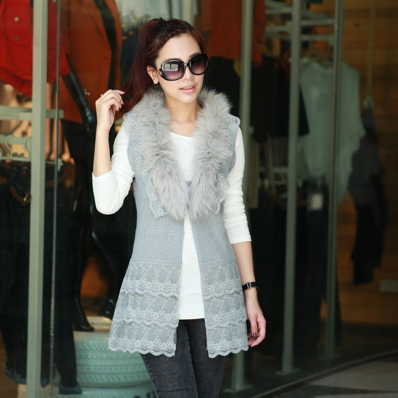 Free shipping ! 8505-m857p95 rex rabbit hair large fur collar lace patchwork sweater vest autumn and winter