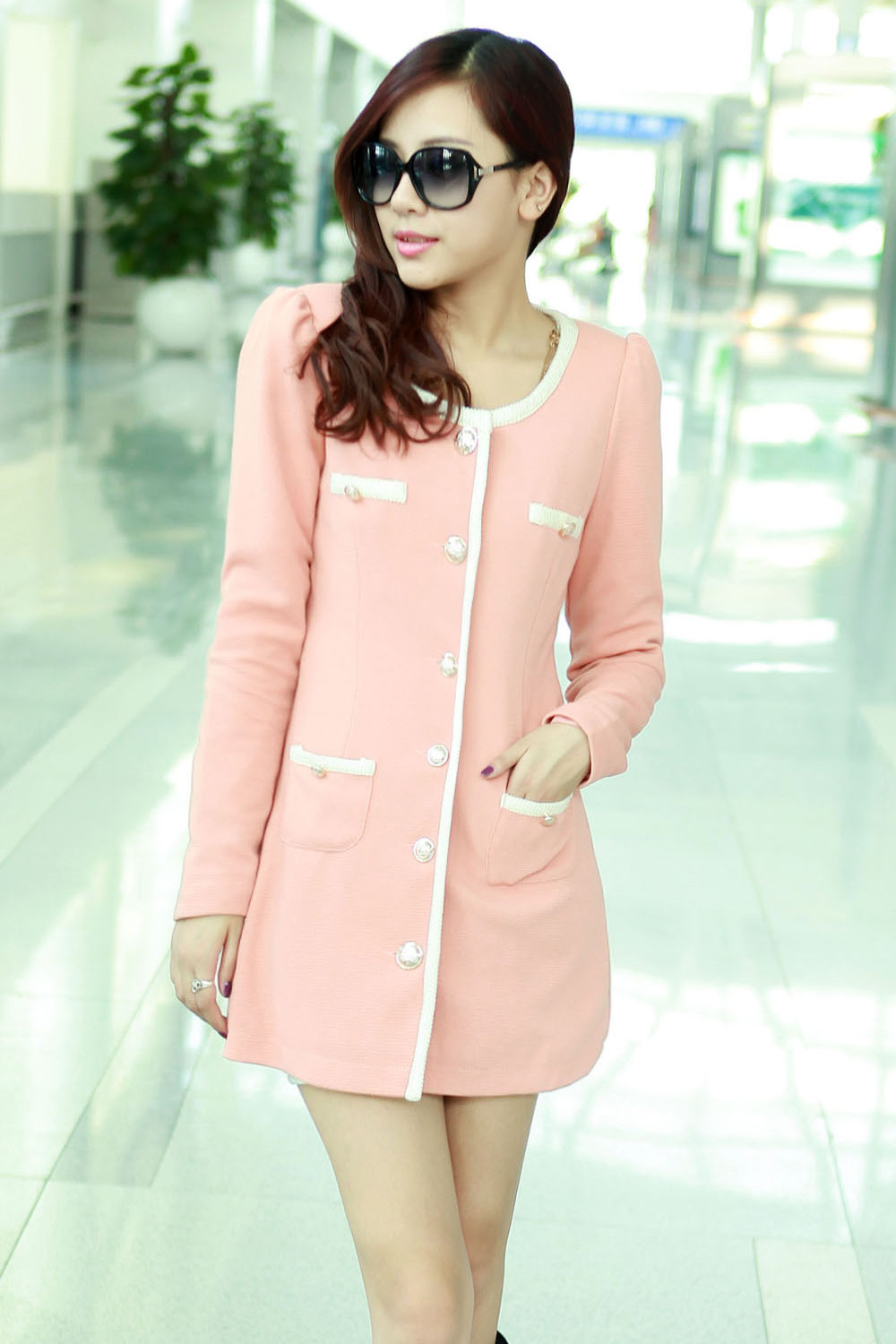 Free shipping ! 8505-wt938p100 chromophous small single breasted long design coat chromophous pink