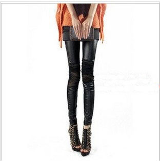 free shipping 864 2011 women's pleated gauze sexy meat faux leather patchwork ankle length trousers legging