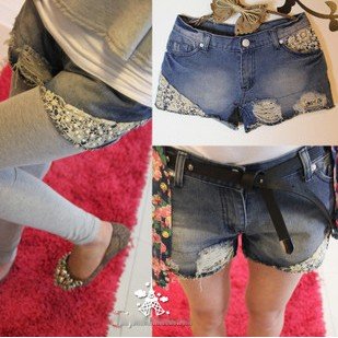 Free Shipping 8837 # (special) to do the old rivet holes pearl lace denim shorts