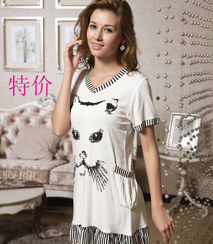 free shipping 8890 short-sleeve modal women's one piece nightgown stripe cat pattern lounge