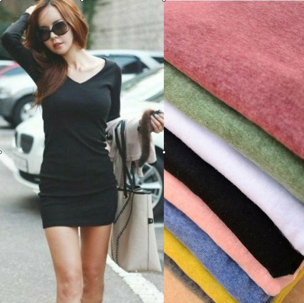 free shipping 9 colors women's long sleeve V-neck Grinding wool cotton long t shirt dress, casual dresses