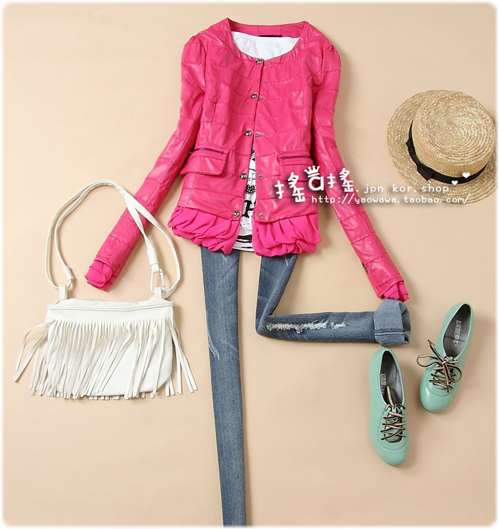 Free shipping 905 2012 autumn women's sweet chiffon PU clothing short design slim leather coat