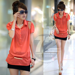 Free shipping 9108 2013 summer new arrival epaulette OL outfit medium-long slim candy short-sleeve chiffon shirt belt