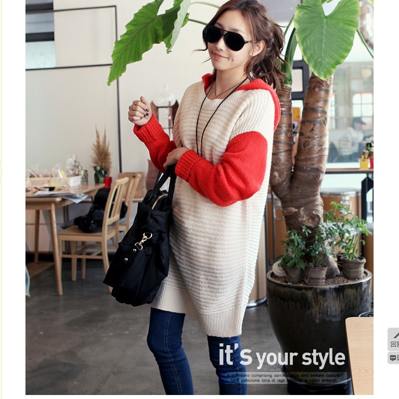 Free Shipping 9144 fashion new arrival color block decoration long design with a hood sweater shirt sweater dress outerwear MY