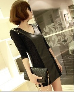 free shipping 99 fashion autumn and winter slim punk lace patchwork rivet long-sleeve leather one-piece dress hh18