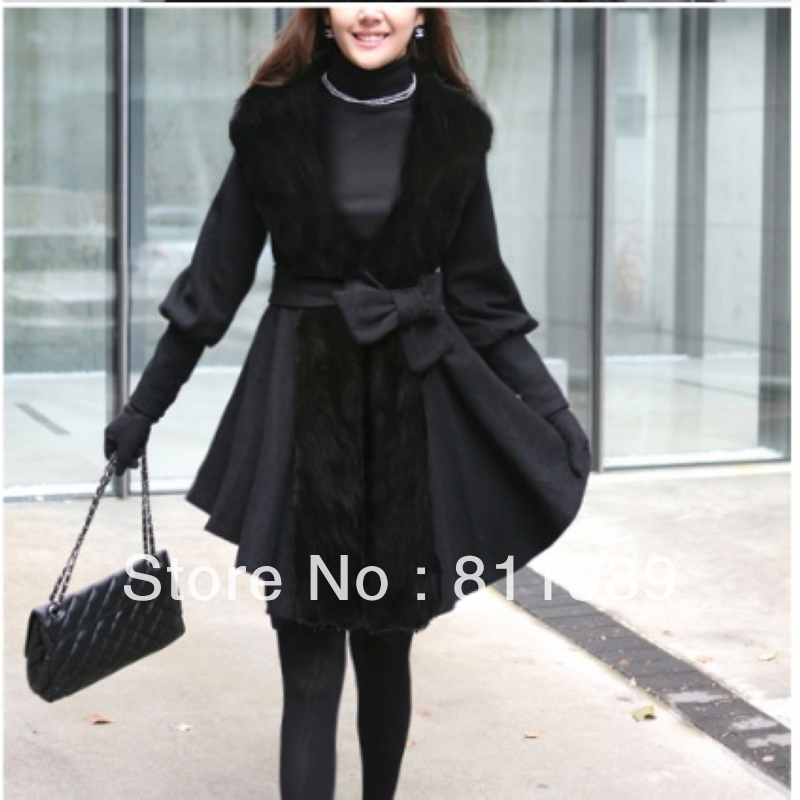 Free shipping a coat for women winter elegant fox fur bow thickening woolen overcoat belt