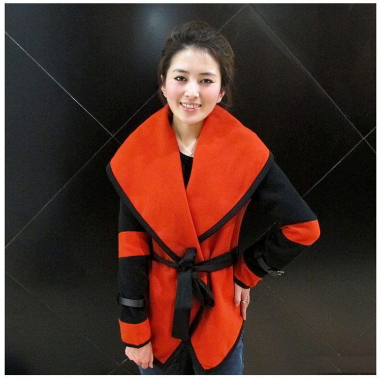 Free shipping A073 2012 ladies fashion woolen trench color block decoration outerwear woolen overcoat