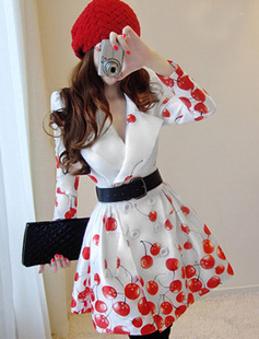 free shipping Accidnetal 2012 autumn red cherry puff skirt double breasted trench