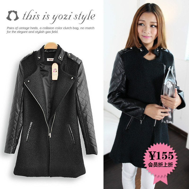 Free shipping After 155 yozi 2012 leather woolen patchwork outerwear woolen top zd031