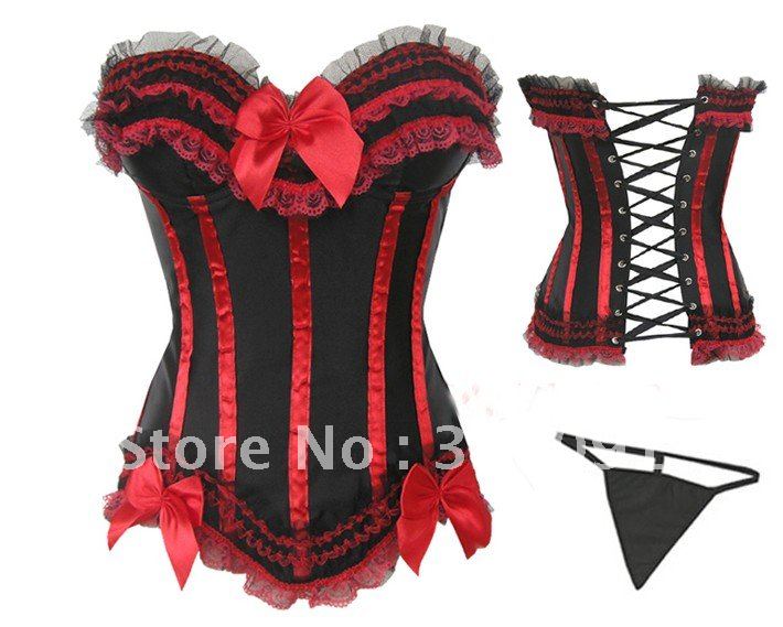 Free shipping!! ahh bra sexy lingerie Elegant Black and Red Corset with G-string sexy lingeries corset  8138