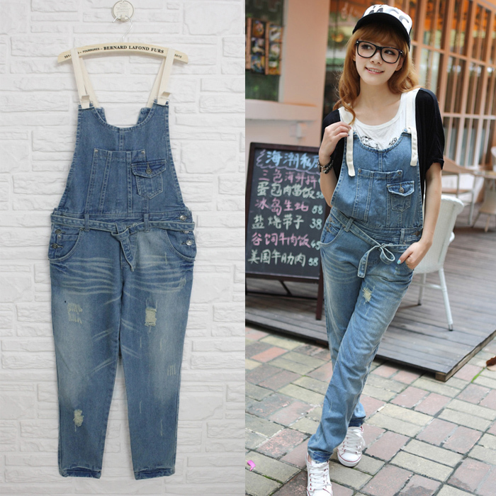 free shipping All-match casual suspenders jeans denim trousers c9-9019y