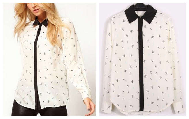 Free Shipping American and European Style 2012 letter print black collar women chiffon blouses One colour  S,M,L size