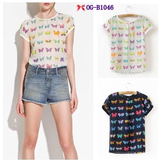 free shipping, American and European style 2012 short sleeve colorful butterfly print  women chiffon Blouses  2 colors, S, M, L