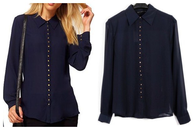 Free Shipping American and European Style 2012 women rivet single breasted chiffon shirt  3 colours S,M,L size