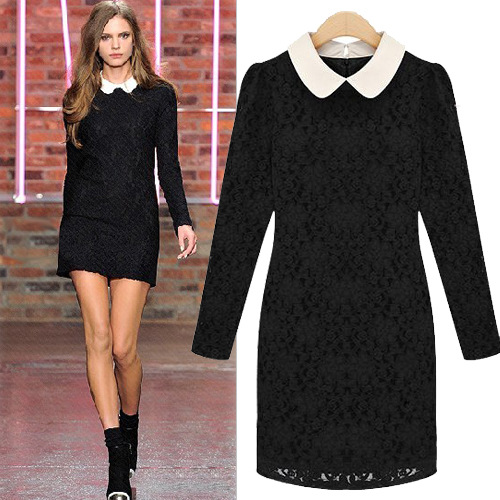 Free shipping,American and European style 2012 women's lace long-sleeve  peter pan collar one-piece dress,2colors,S~XL sizes