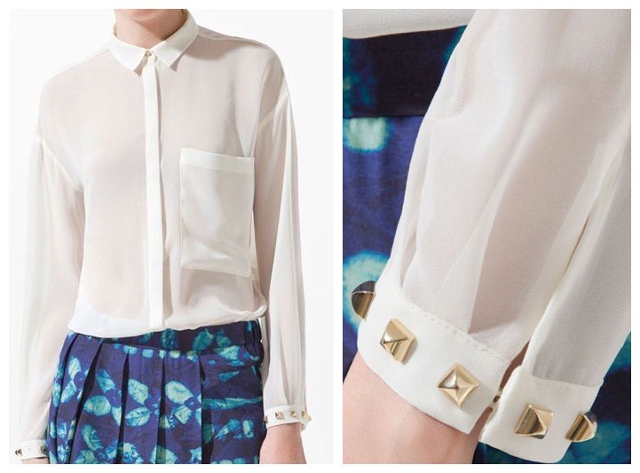 Free Shipping American and European Style 2012 women  white cuff rivet decoration perspectivity  chiffon shirt  S,M,L size