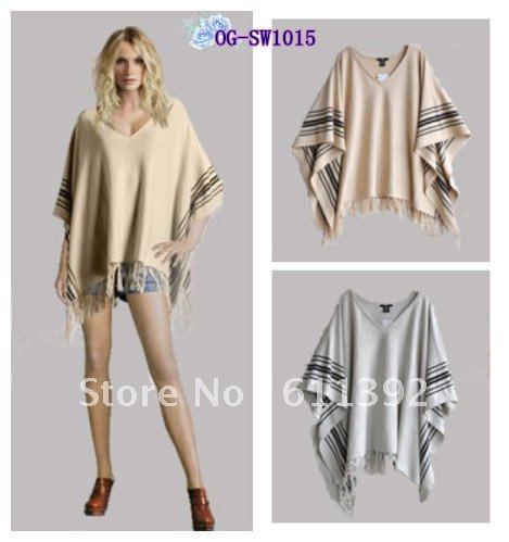 Free shipping, American and European Style 2013 HM women striped pullovers sweater with fringe/bat like cape/cloak 2colors Fsize