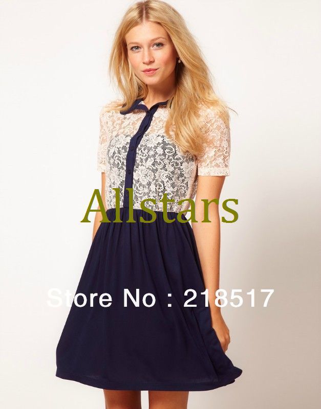 Free Shipping  American And European style 2013 spring summer The ladies section Lace Splice shirt Lined dress OL woman