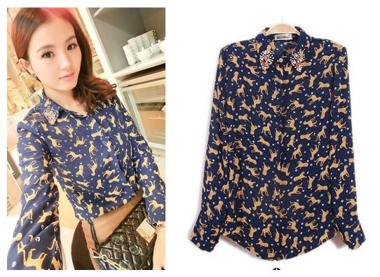 Free shipping American and European style 2013 women's spring rhinestone leopard chiffon  female slim elegant shirt 2colors F