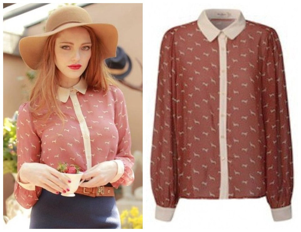 Free shipping, American and European  style 2013 women's streetwear Doggie printing long-sleeve chiffon blouse picture 34 36 38