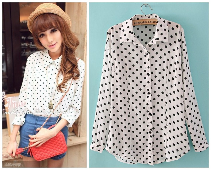 Free shipping, American and European style 2013 women's wavepoint  Turn-down collar long sleeve  Blouses, 2colors Fsizes