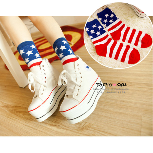 Free shipping  american flag stripe 100% cotton socks women's knee-high socks  10pcs/lot