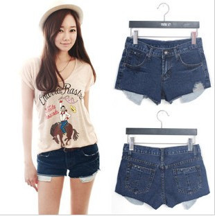 Free shipping! AMIO all-match distrressed unbackfilled pocket denim shorts 9286