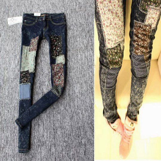 Free Shipping Applique Patch Denim Jeans Slim Low Waist Smaill-Big Size Women Jeans