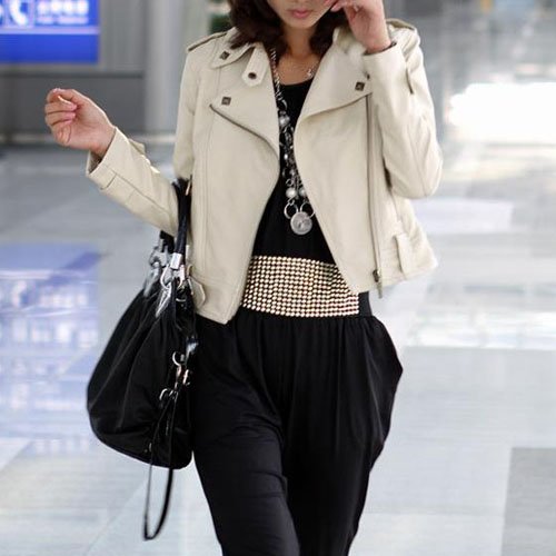 Free Shipping  Apricot Women Fashion Faux Pu Leather Zip Slim Short Jacket Lady's Coat Blazer WJC19