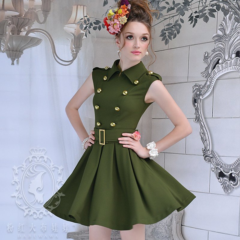 free shipping Army Gree color  turn-down collar double gold buckle sleeveless one-piece women's dress casual dresses